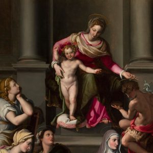Alessandro Allori, Madonna col Bambino in trono, san Giovannino, le sante Lucia, Cecilia, Agnese, Apollonia, Caterina, Elisabetta e figure allegoriche della Vita Attiva e Contemplativa